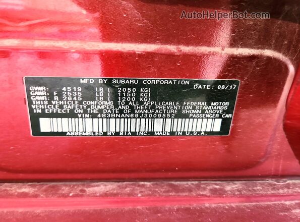 4S3BNAN69J3009552 2018 SUBARU LEGACY Burgundy Vista del compartimento del motor