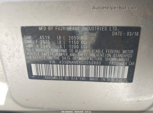 4S3BNAN6XG3050880 2016 SUBARU LEGACY Champagne Вид подкапотного пространства