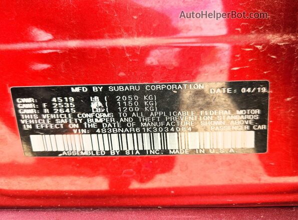 4S3BNAR61K3034084 2019 SUBARU LEGACY Red 