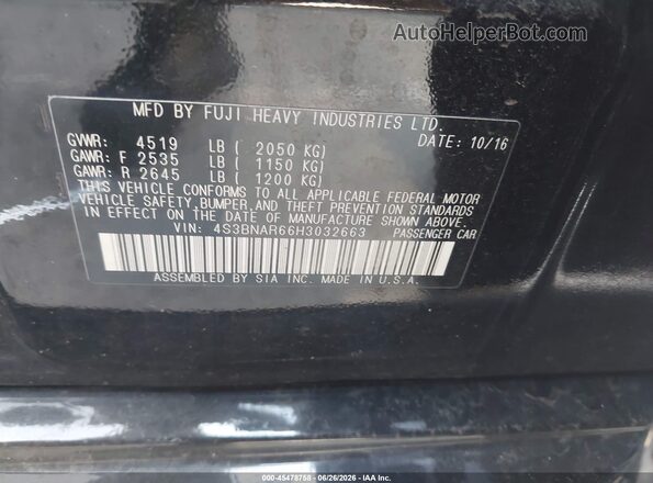 4S3BNAR66H3032663 2017 SUBARU LEGACY Black ძრავის განყოფილების ხედი
