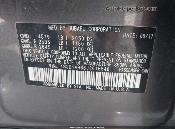 4S3BNAR66J3016548 2018 SUBARU LEGACY Gray Շարժիչի բաժամունքի տեսք