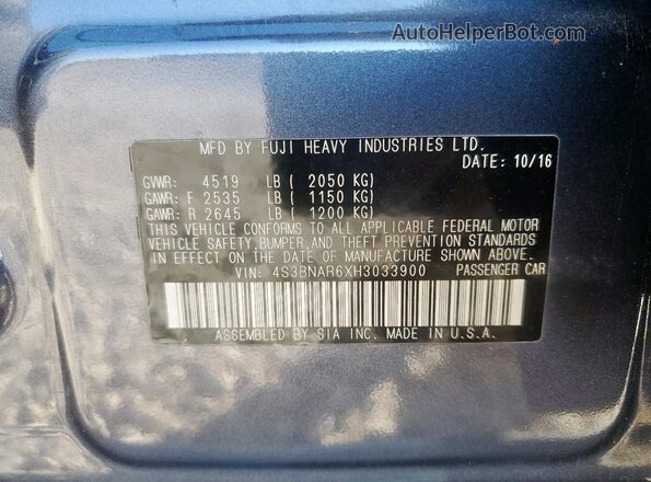4S3BNAR6XH3033900 2017 SUBARU LEGACY Gray VIN sticker view