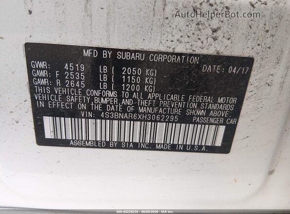 4S3BNAR6XH3062295 2017 SUBARU LEGACY White ძრავის განყოფილების ხედი