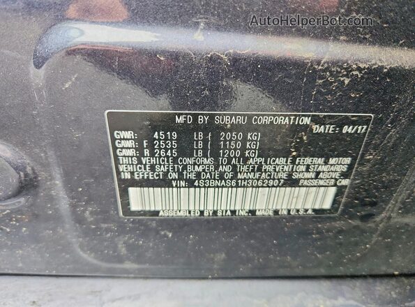 4S3BNAS61H3062907 2017 SUBARU LEGACY Gray Vista de la etiqueta del VIN