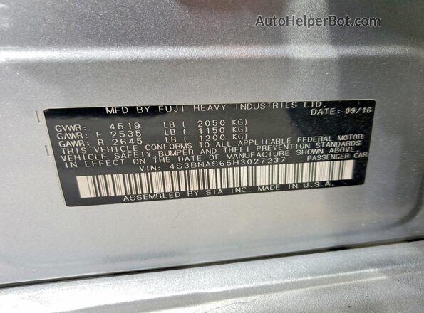 4S3BNAS65H3027237 2017 SUBARU LEGACY Silver 