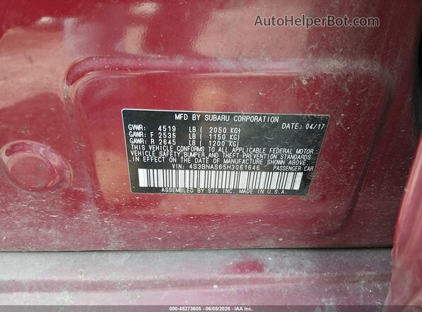4S3BNAS65H3061646 2017 SUBARU LEGACY Burgundy ძრავის განყოფილების ხედი