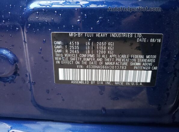 4S3BNAS66H3013783 2017 SUBARU LEGACY Blue ძრავის განყოფილების ხედი