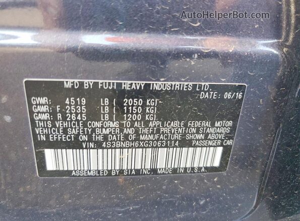 4S3BNBH6XG3063114 2016 SUBARU LEGACY Gray 