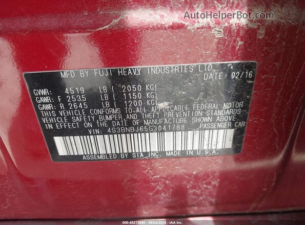 4S3BNBJ65G3041788 2016 SUBARU LEGACY Maroon Շարժիչի բաժամունքի տեսք