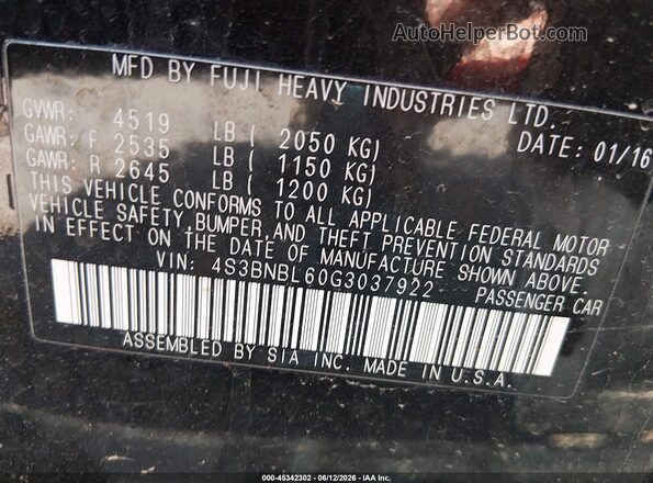 4S3BNBL60G3037922 2016 SUBARU LEGACY Black Вид підкапотного простору