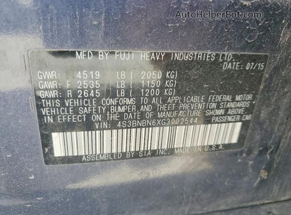 4S3BNBN6XG3002544 2016 SUBARU LEGACY Gray Widok naklejki z numerem VIN