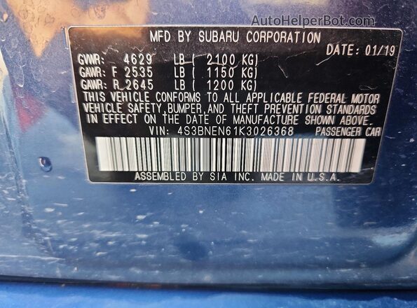 4S3BNEN61K3026368 2019 SUBARU LEGACY Blue Vista de la etiqueta del VIN