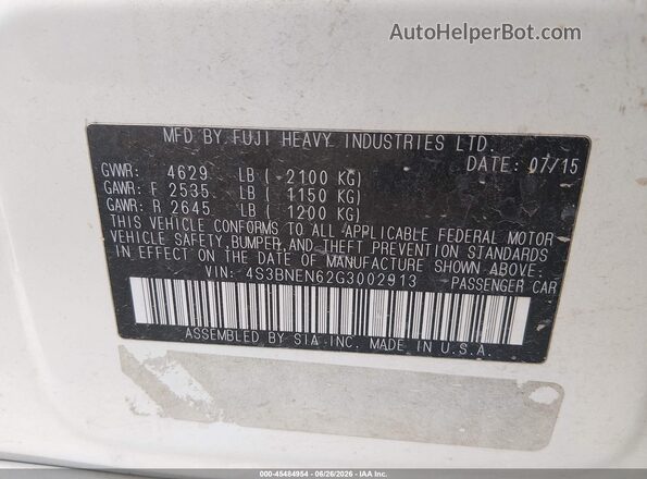 4S3BNEN62G3002913 2016 SUBARU LEGACY White Vista del compartimento del motor