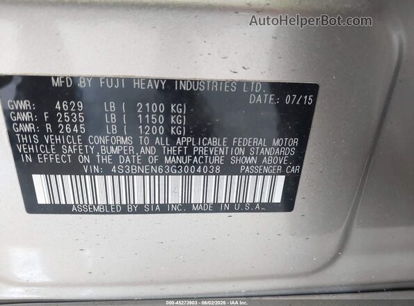 4S3BNEN63G3004038 2016 SUBARU LEGACY Beige Вид підкапотного простору