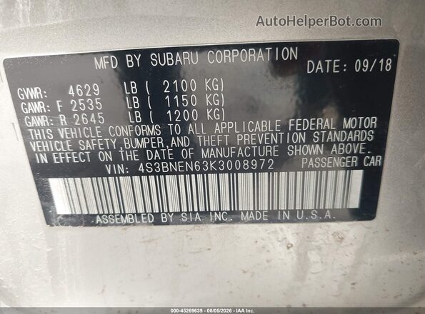 4S3BNEN63K3008972 2019 SUBARU LEGACY Silver Շարժիչի բաժամունքի տեսք