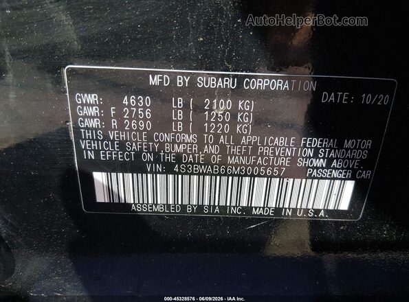 4S3BWAB66M3005657 2021 SUBARU LEGACY Black Engine compartment view