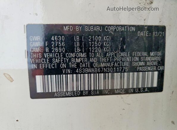 4S3BWAB67N3011775 2022 SUBARU LEGACY White Vista del compartimento del motor