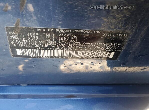 4S3BWAB67N3014952 2022 SUBARU LEGACY Blue Vista del compartimento del motor