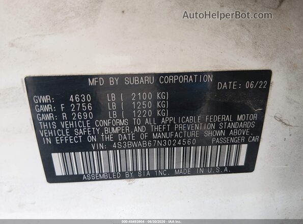 4S3BWAB67N3024560 2022 SUBARU LEGACY White Engine compartment view