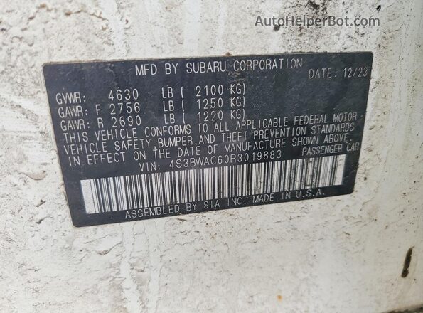 4S3BWAC60R3019883 2024 SUBARU LEGACY White VIN კოდის სტიკერის ხედი