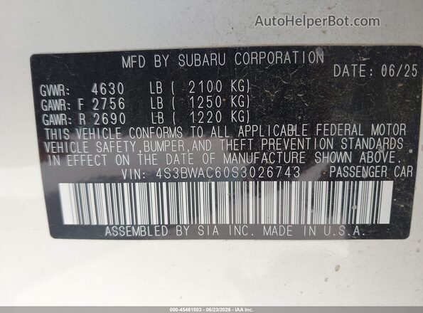 4S3BWAC60S3026743 2025 SUBARU LEGACY White Engine compartment view