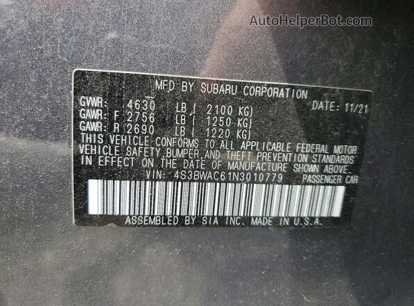 4S3BWAC61N3010779 2022 SUBARU LEGACY Gray Вид підкапотного простору