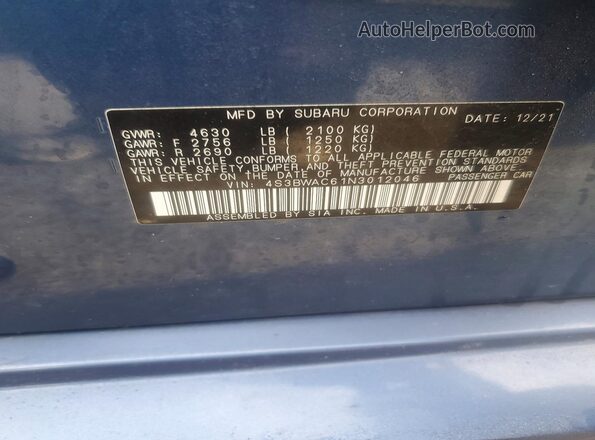 4S3BWAC61N3012046 2022 SUBARU LEGACY Blue Widok naklejki z numerem VIN