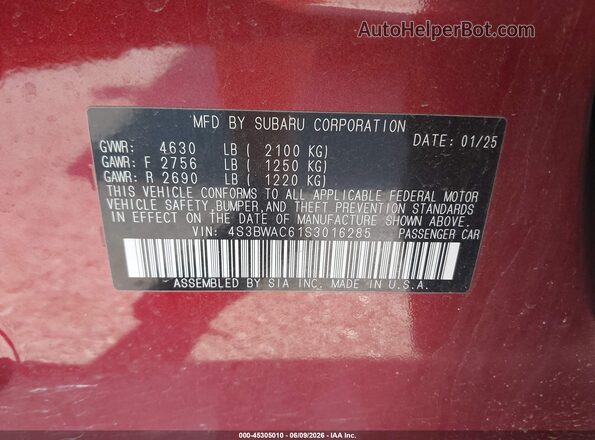 4S3BWAC61S3016285 2025 SUBARU LEGACY Red Вид підкапотного простору