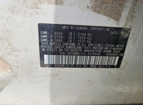 4S3BWAC62L3020606 2020 SUBARU LEGACY White Շարժիչի բաժամունքի տեսք
