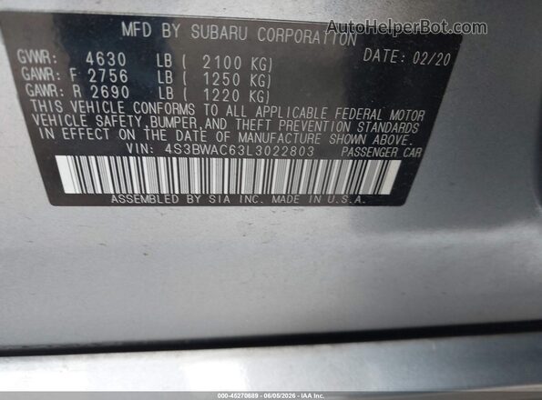 4S3BWAC63L3022803 2020 SUBARU LEGACY Silver Vista del compartimento del motor