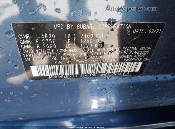 4S3BWAC64N3008539 2022 SUBARU LEGACY Синий Вид подкапотного пространства