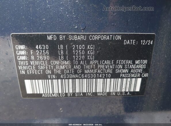4S3BWAC64S3014210 2025 SUBARU LEGACY Blue Widok komory silnika