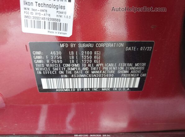 4S3BWAC65N3025690 2022 SUBARU LEGACY Бордовый Вид подкапотного пространства