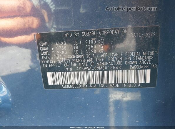 4S3BWAC6XM3015543 2021 SUBARU LEGACY Blue Вид підкапотного простору