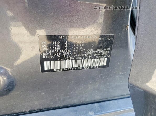 4S3BWAC6XN3010523 2022 SUBARU LEGACY Gray ძრავის განყოფილების ხედი