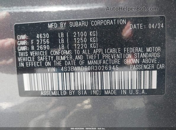 4S3BWAD60R3026945 2024 SUBARU LEGACY Серый Вид подкапотного пространства