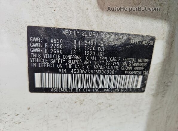 4S3BWAD61M3009984 2021 SUBARU LEGACY White VIN კოდის სტიკერის ხედი