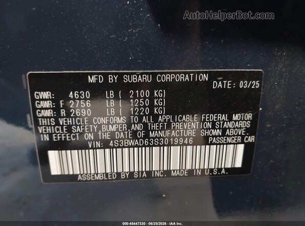 4S3BWAD63S3019946 2025 SUBARU LEGACY Navy ძრავის განყოფილების ხედი