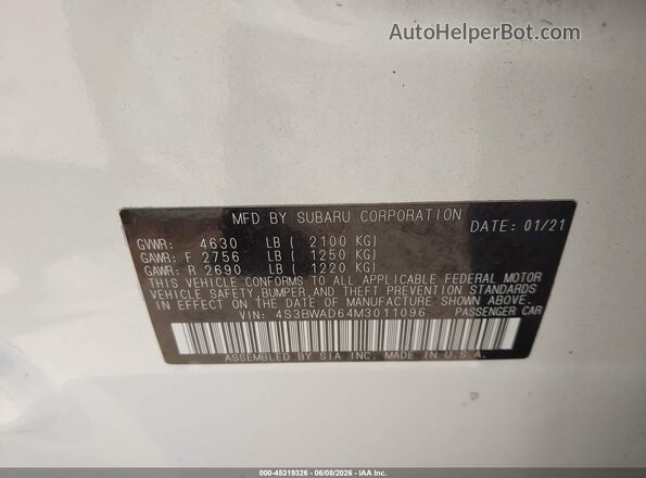 4S3BWAD64M3011096 2021 SUBARU LEGACY White Вид підкапотного простору