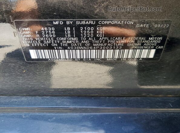 4S3BWAD64P3003133 2023 SUBARU LEGACY Black Widok naklejki z numerem VIN