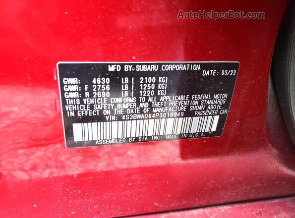4S3BWAD64P3016349 2023 SUBARU LEGACY Burgundy VIN sticker view
