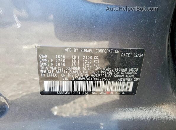 4S3BWAD64R3022557 2024 SUBARU LEGACY Серый Вид наклейки с VIN-кодом