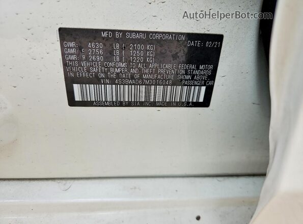 4S3BWAD67M3016048 2021 SUBARU LEGACY White VIN կոդի պիտակի տեսք
