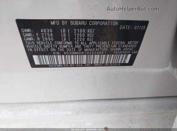 4S3BWAD67S3028861 2025 SUBARU LEGACY White 