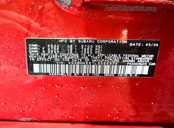 4S3BWAE61L3025373 2020 SUBARU LEGACY Red ძრავის განყოფილების ხედი