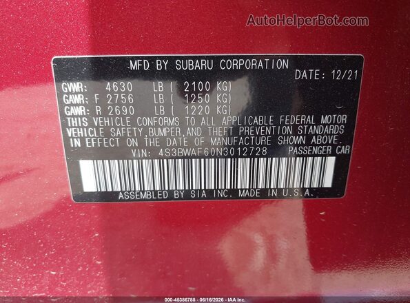4S3BWAF60N3012728 2022 SUBARU LEGACY Burgundy ძრავის განყოფილების ხედი
