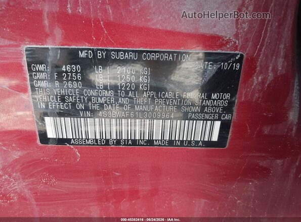 4S3BWAF61L3009964 2020 SUBARU LEGACY Maroon ძრავის განყოფილების ხედი