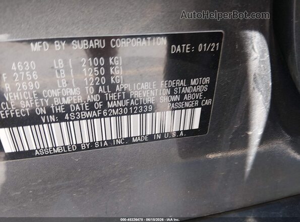 4S3BWAF62M3012339 2021 SUBARU LEGACY Gray Engine compartment view