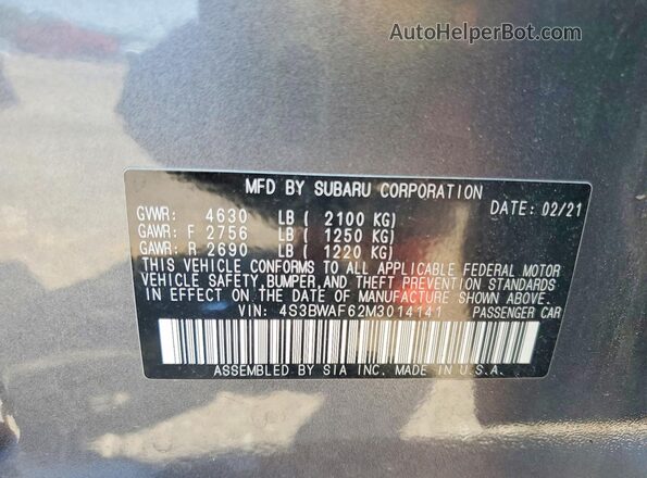 4S3BWAF62M3014141 2021 SUBARU LEGACY Gray Շարժիչի բաժամունքի տեսք