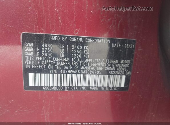 4S3BWAF62M3020795 2021 SUBARU LEGACY Red Շարժիչի բաժամունքի տեսք